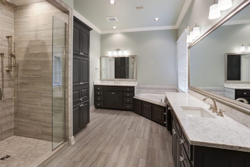 Quartz Countertops and Porcelain Floors for New Bathroom